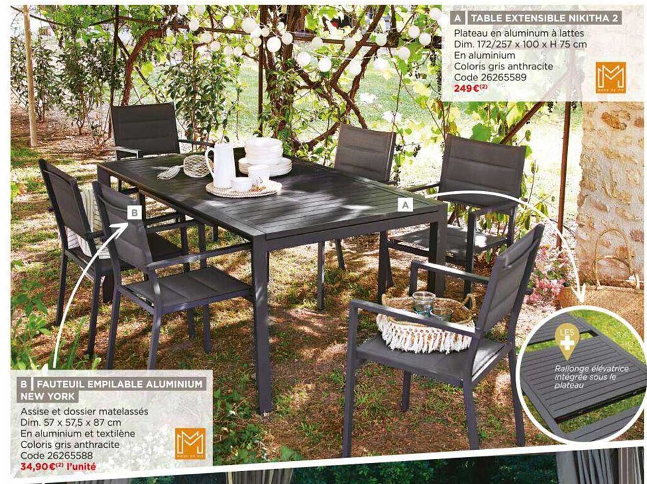 table extensible nikitha 2, fauteuil empilable aluminium new york