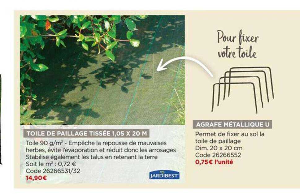 toile de paillage tissée 1,05 x 20 m, agrafe métallique u jardibest