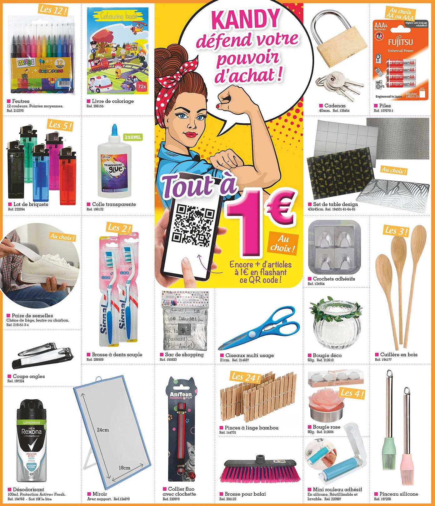 feutres, livre de coloriage, cadenas, piles, lot de briquets, colle transparente, set de table design, crochets adhésifs, paire de semelles, coupe ongles, brosse à dents souple, sac de shopping