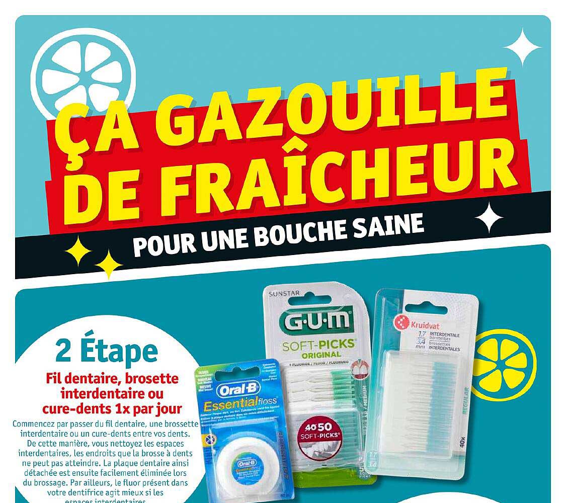 fil dentaire, brosette interdentaire ou cure-dents 1x par jour