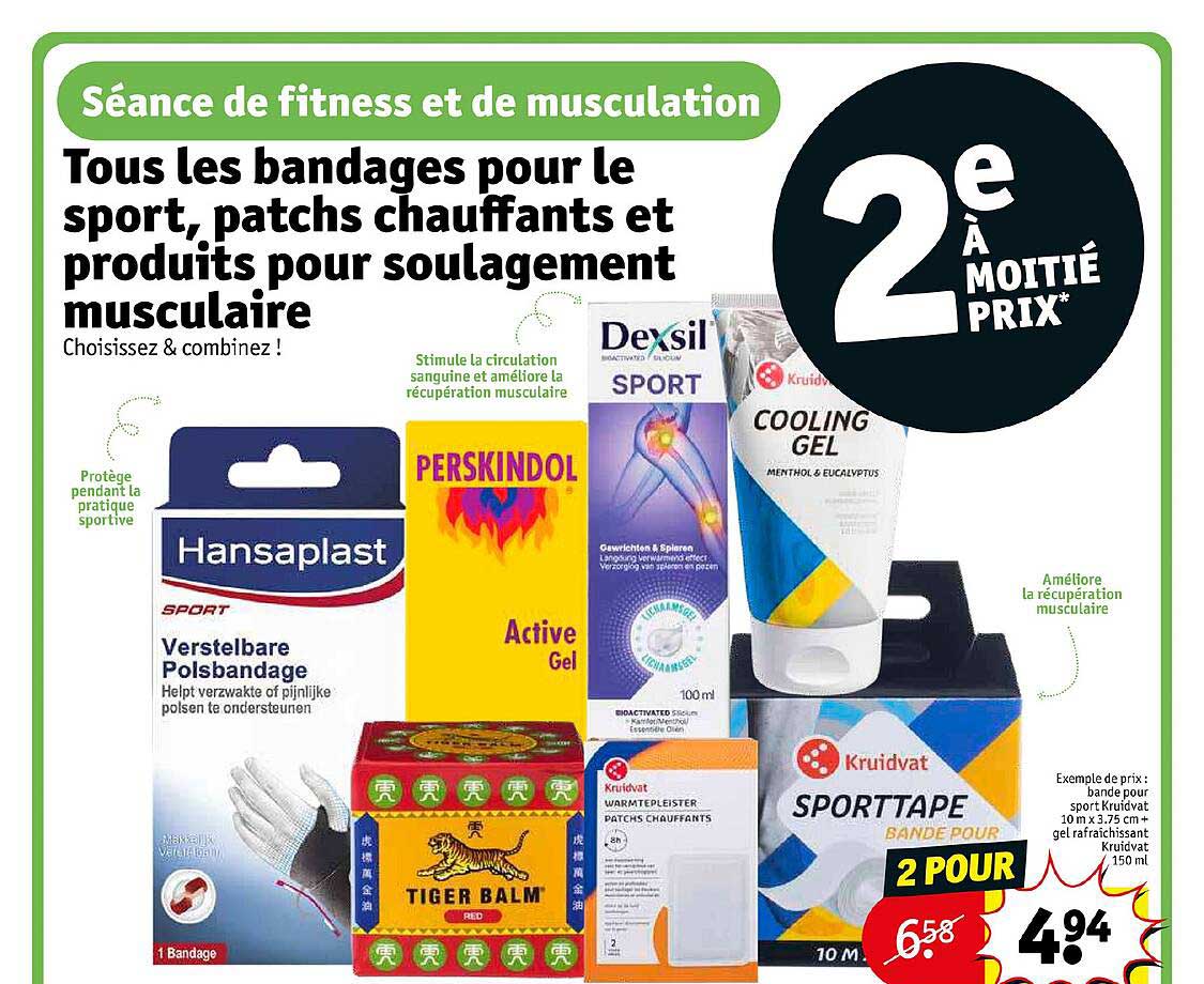 les bandages pour le sport, patchs chauffants et produits pour soulagement musculaire