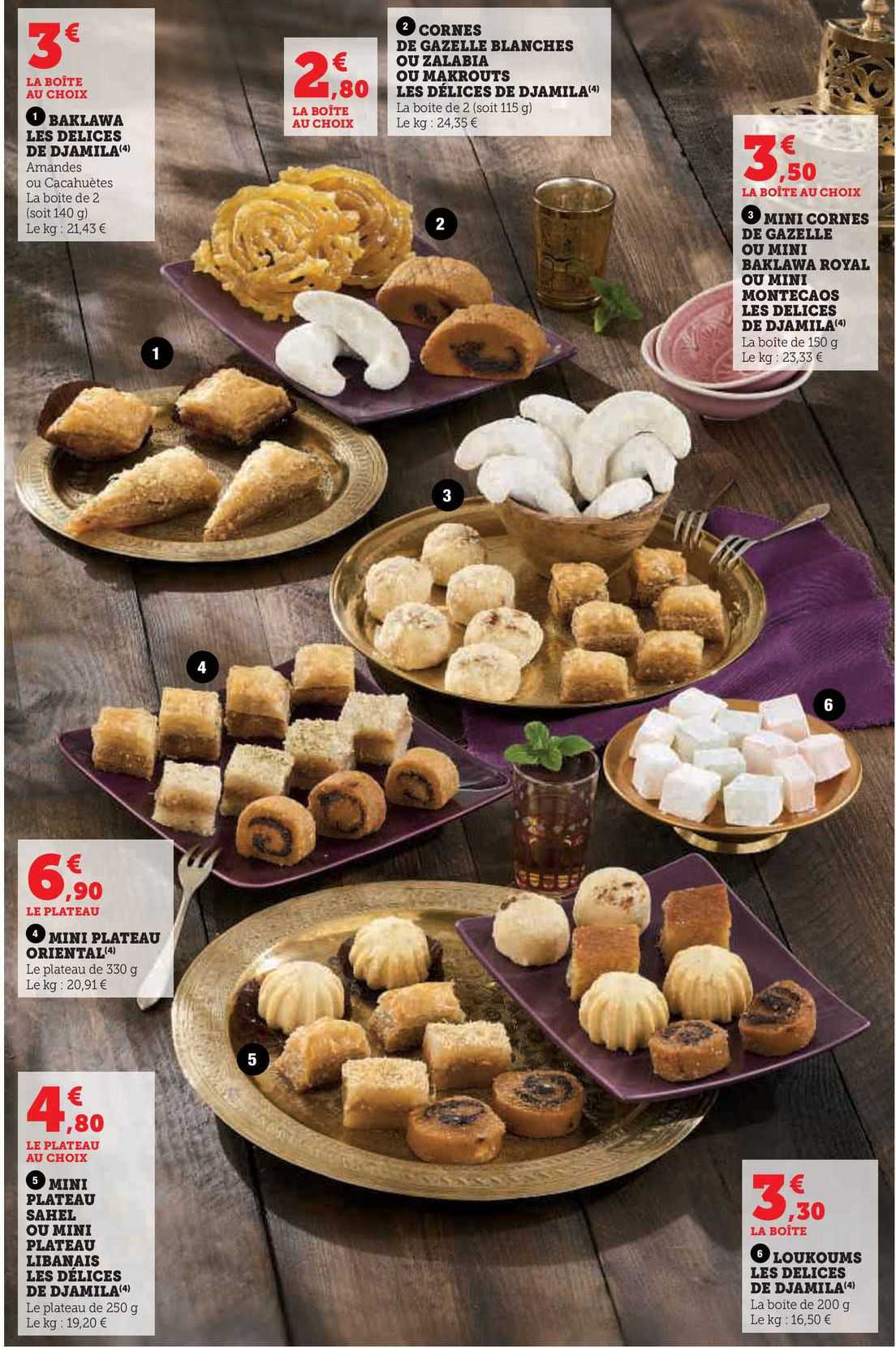 baklawa les délices de djamila, cornes de gazelle blanches ou zalabia ou makrouts les délices de djamila, mini cornes de gazelle ou mini baklawa royal ou mini montecaos les délices de djamila