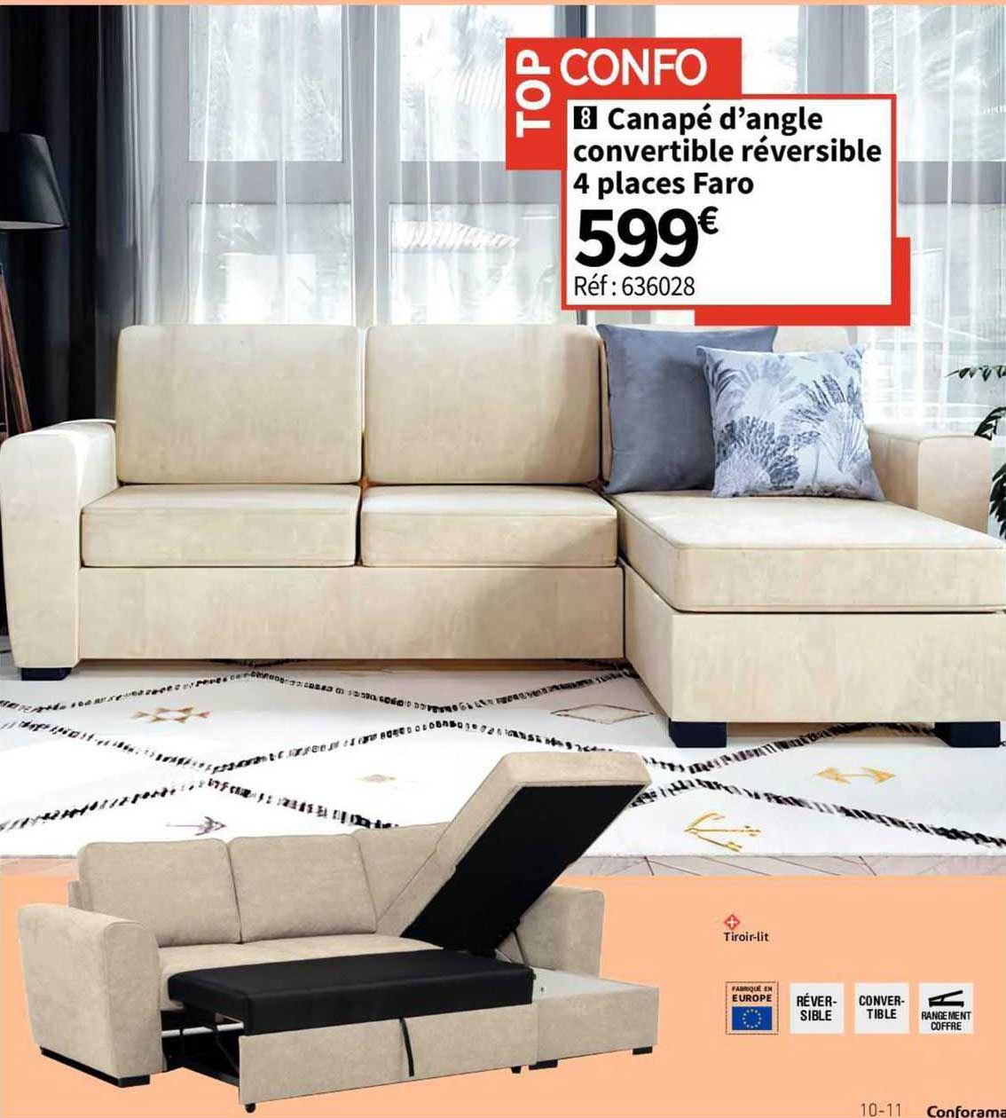 Canapé D'angle Convertible Réversible 4 Places Faro