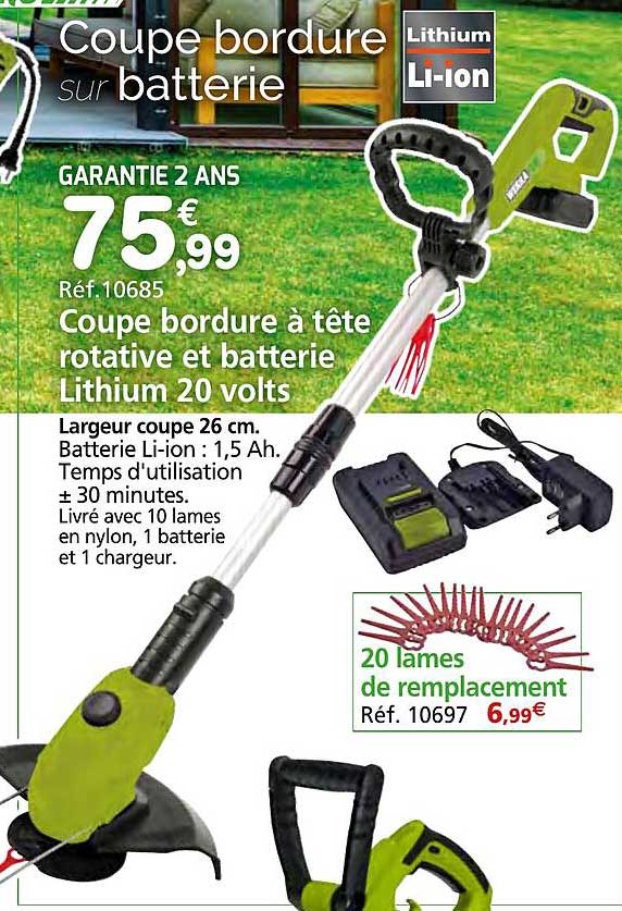 coupe bordure à tête rotative et batterie lithium 20 volts