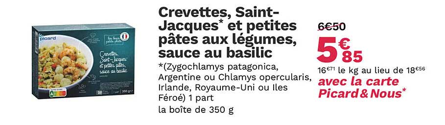 crevettes, saint-jacques et petites pâtes aux légumes, sauce au basilic