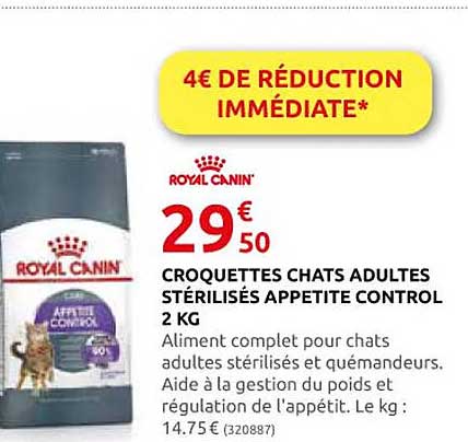 croquettes chats adultes stérilisés appetite control 2 kg royal canin