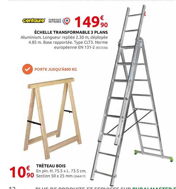 échelle transformable 3 plans centaure, tréteau bois