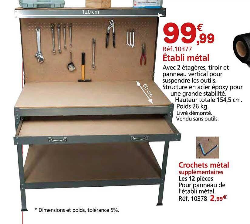 établi métal, crochets métal supplémentaires