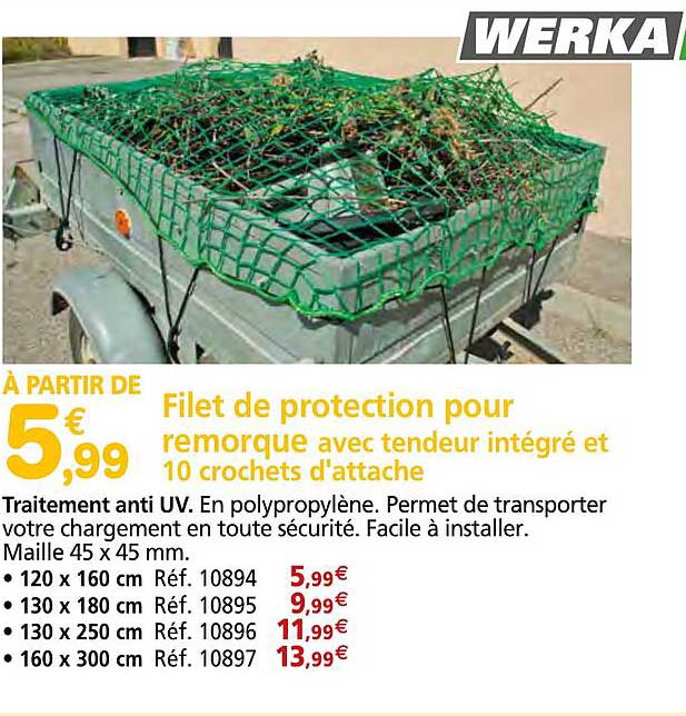 filet de protection pour remorque avec tendeur intégré et 10 crochets d'attache