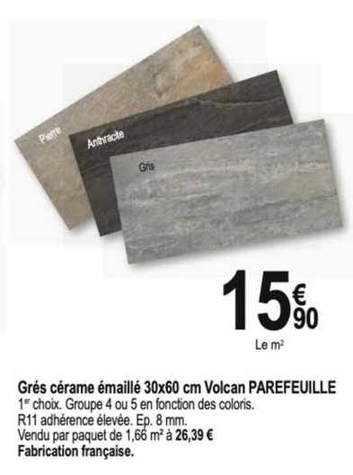 grés cérame émaillé 30 x 60 cm volcan parefeuille