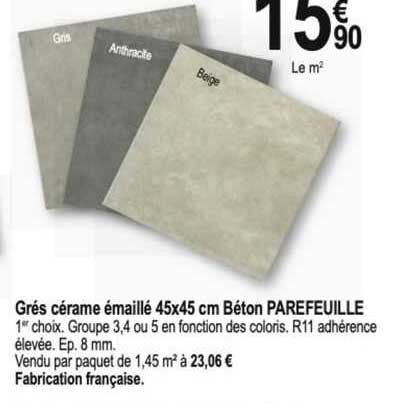 grés cérame émaillé 45 x 45 cm béton parefeuille