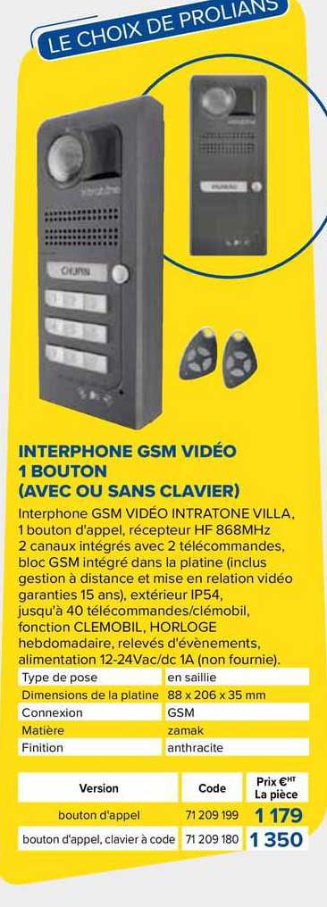 interphone gsm vidéo 1 bouton (avec ou sans clavier)
