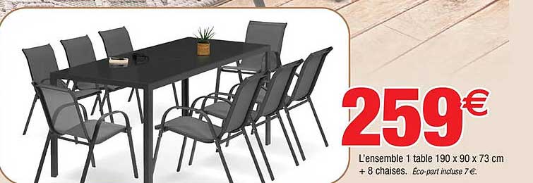 l'ensemble 1 table 190 x 90 x 73 cm + 8 chaises