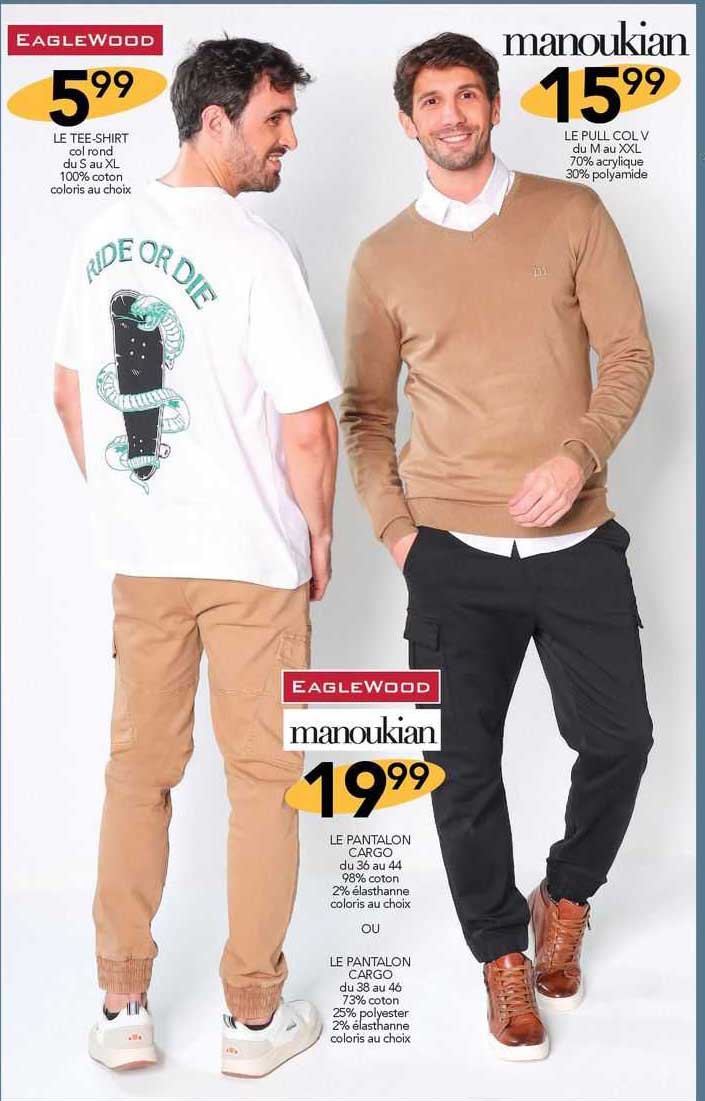 le te-shirt eaglewood, le pull col v manoukian, le pantalon cargot eaglewood