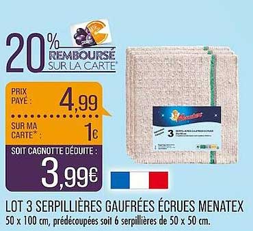 lot 3 serpillières gaufrées écrues menatex