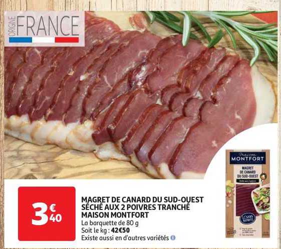 magret de canard du sud-ouest séché aux 2 poivres tranché maison montfort