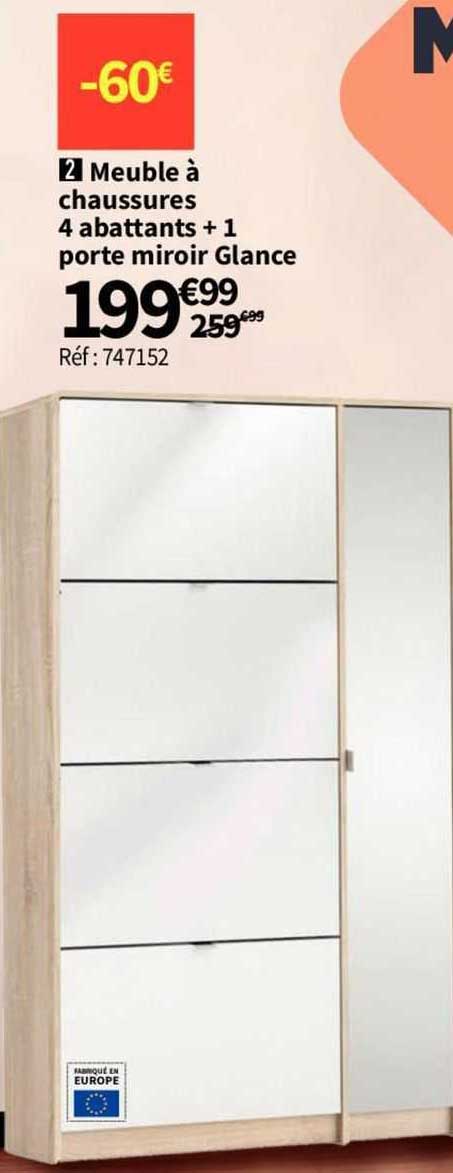 meuble à chaussures 4 abattants + 1 porte miroir glance