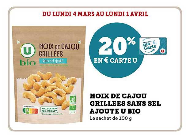 noix de cajou grillées sans sel ajouté u bio