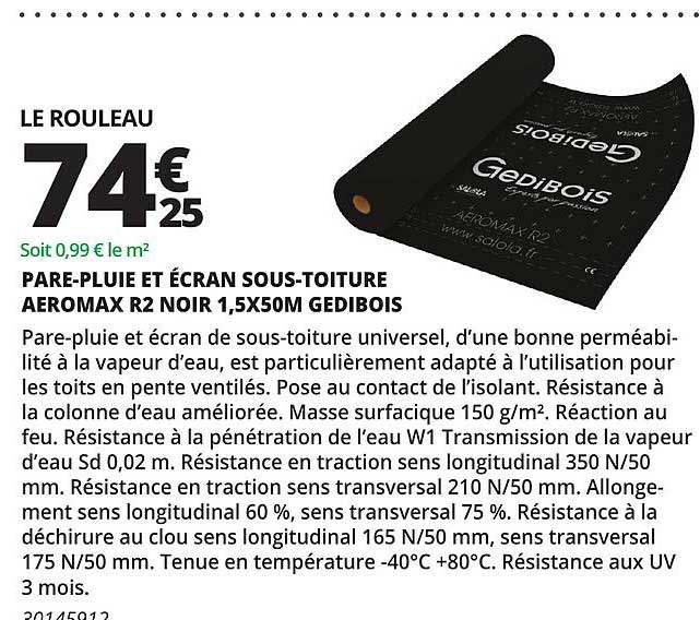 pare-pluie et écran sous-toiture aeromax r2 noir gedibois