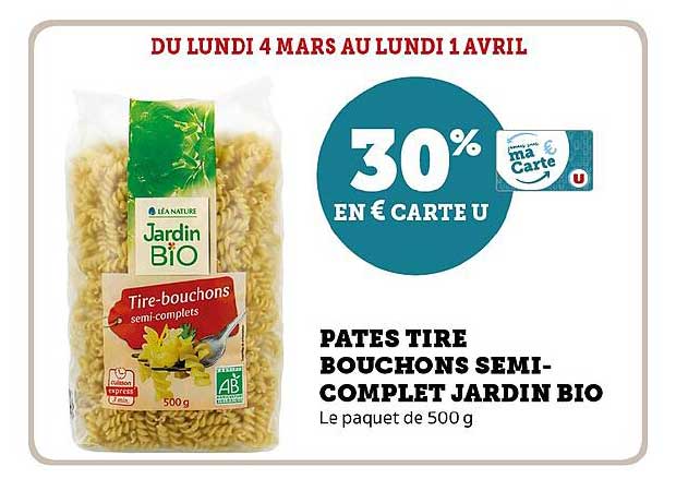 pâtes tire bouchons semi-complet jardin bio