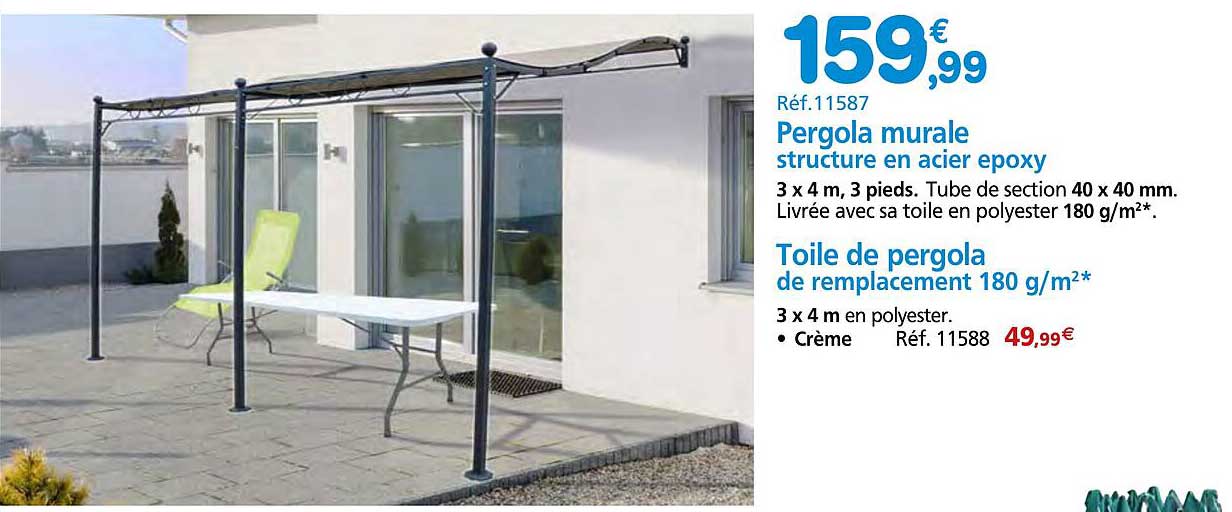 pergola murale structure en acier epoxy, toile de pergola de remplacement 180 g/m²