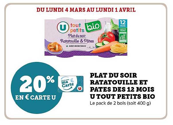 plat du soir ratatouille et pâtes des 12 mois u tout petits bio