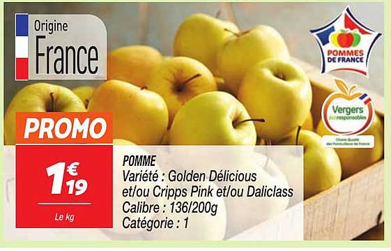 pomme golden délicious et/ou cripps pink et/ou daliclass