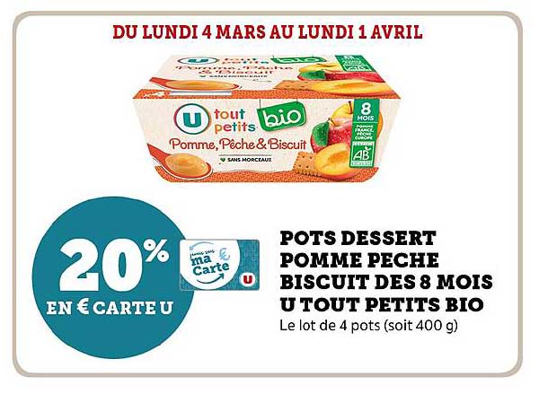 pots dessert pomme pêche biscuit dès 8 mois u tout petits bio