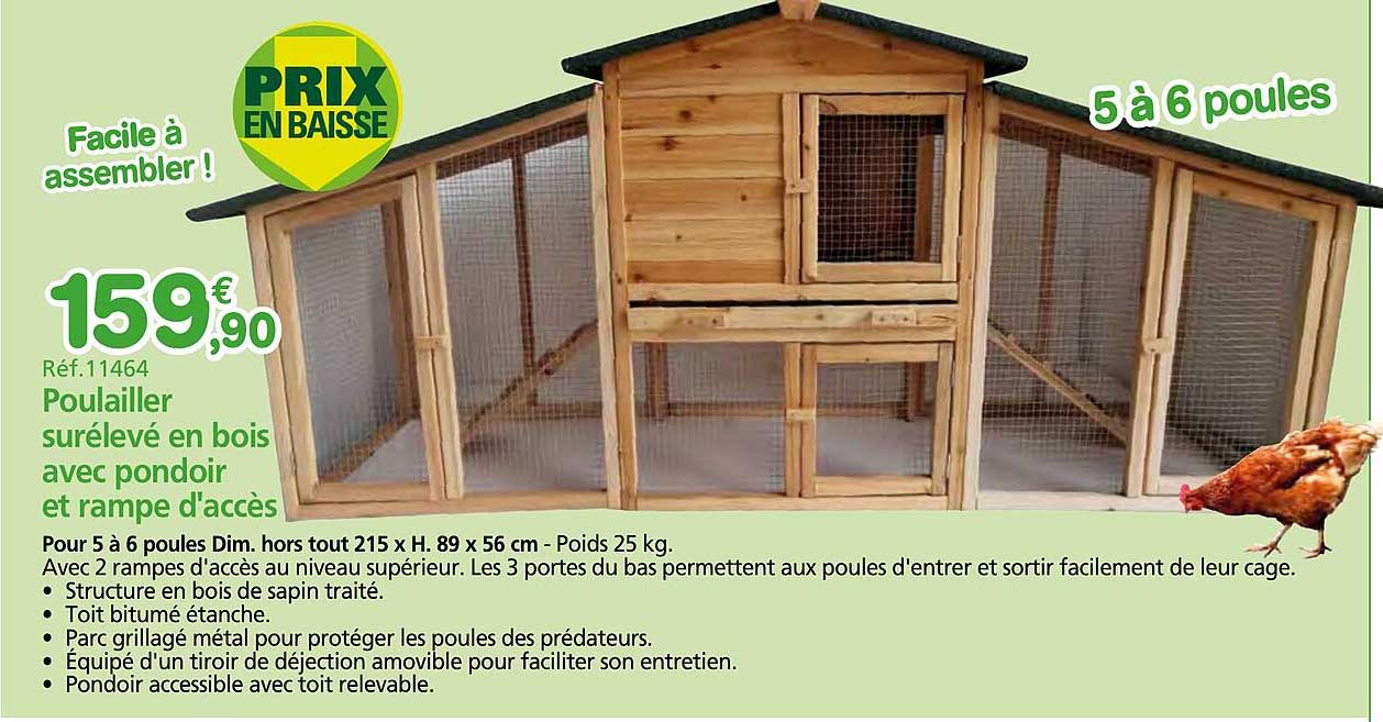 poulailler surélevé en bois avec pondoir et rampe d'accès