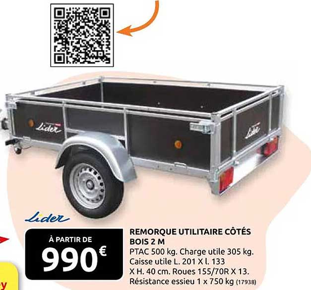 Remorque Utilitaire Côtés Bois 2 M Lider