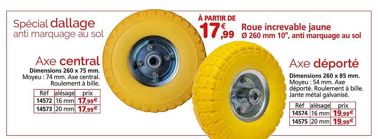 roue increvable jaune ø 260 mm 10" anti marquage au sol axe central, axe déporté