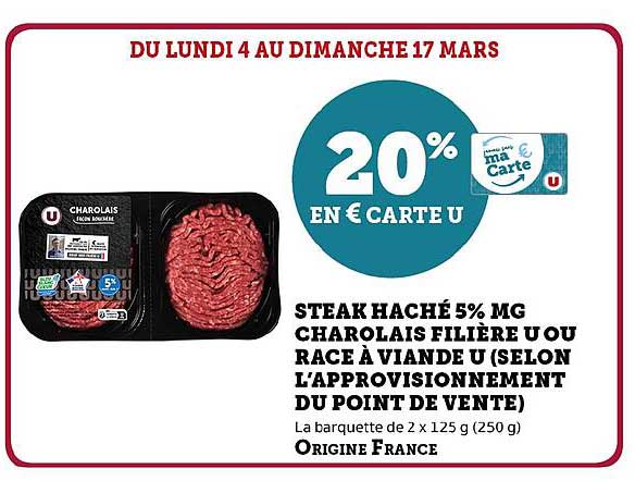 Steak Haché 5% Mg Charolais Filière U Ou Race à Viande U (selon L'approvisionnement Du Point De Vente)