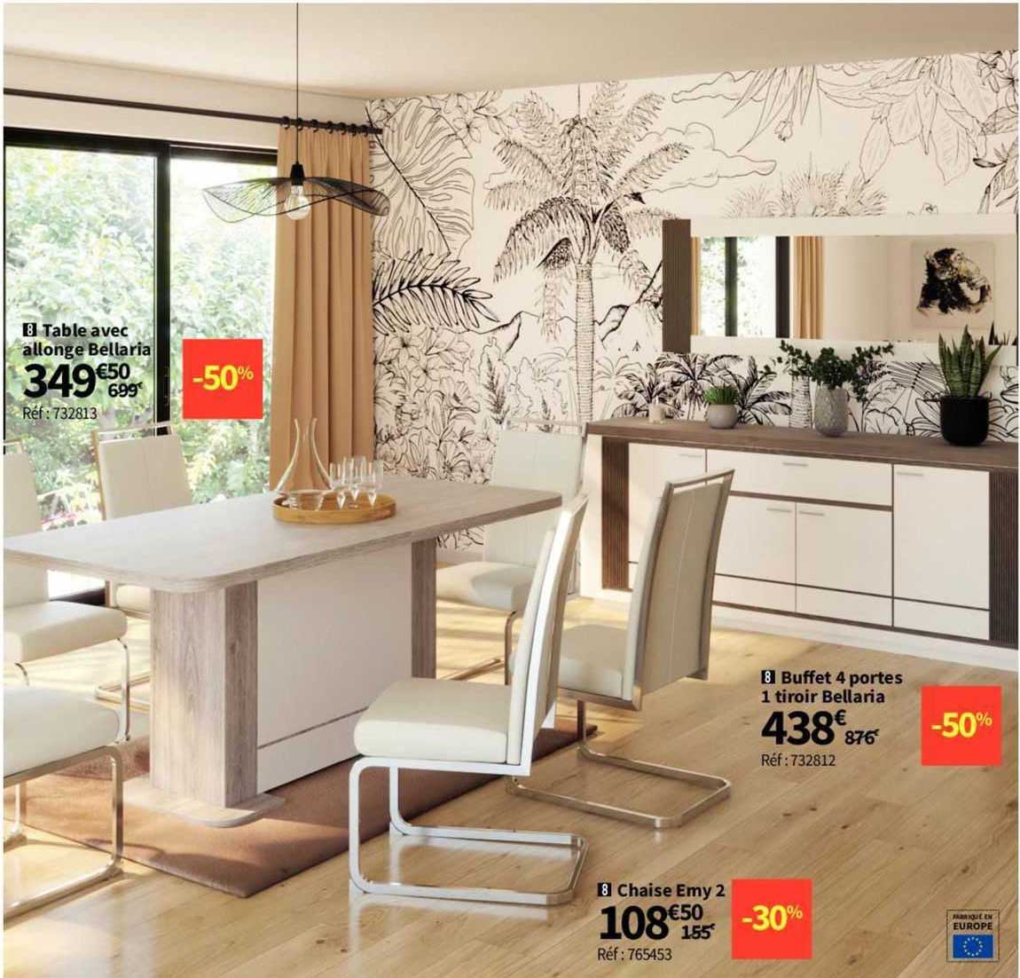 Table Avec Allonge Bellaria, Buffet 4 Portes 1 Tiroir Bellaria, Chaise Emy 2