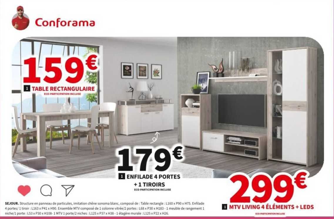 Table Rectangulaire, Enfilade 4 Portes + 1 Tiroirs, Mtv Living 4 éléments + Leds