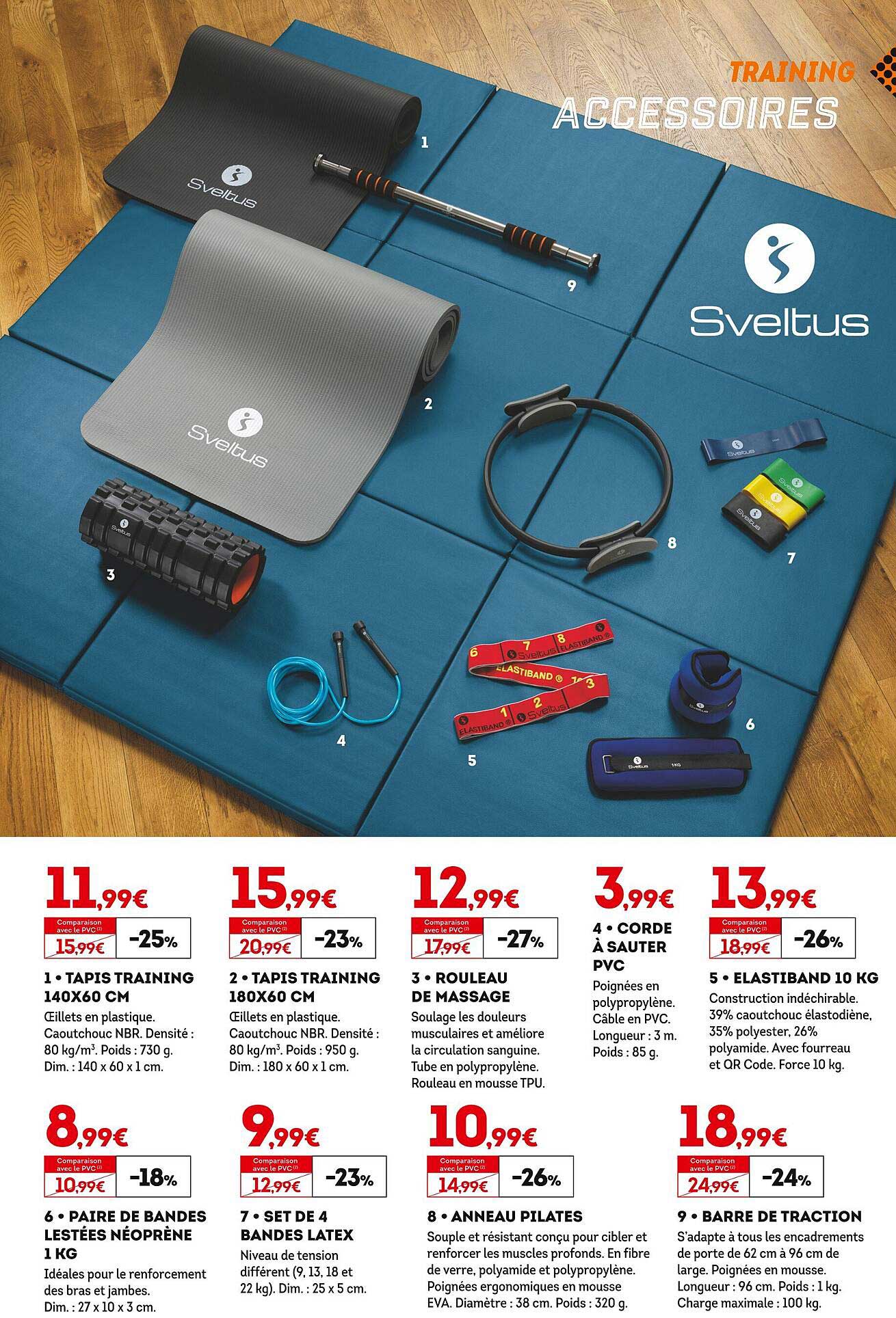tapis training 140 x 60 cm, tapis training 180 x 60 cm, rouleau de massage, corde à sauter pvc, elastiband 10 kg, paire de bandes lestées néoprène 1 kg, set de 4 bandes latex, anneaux pilates