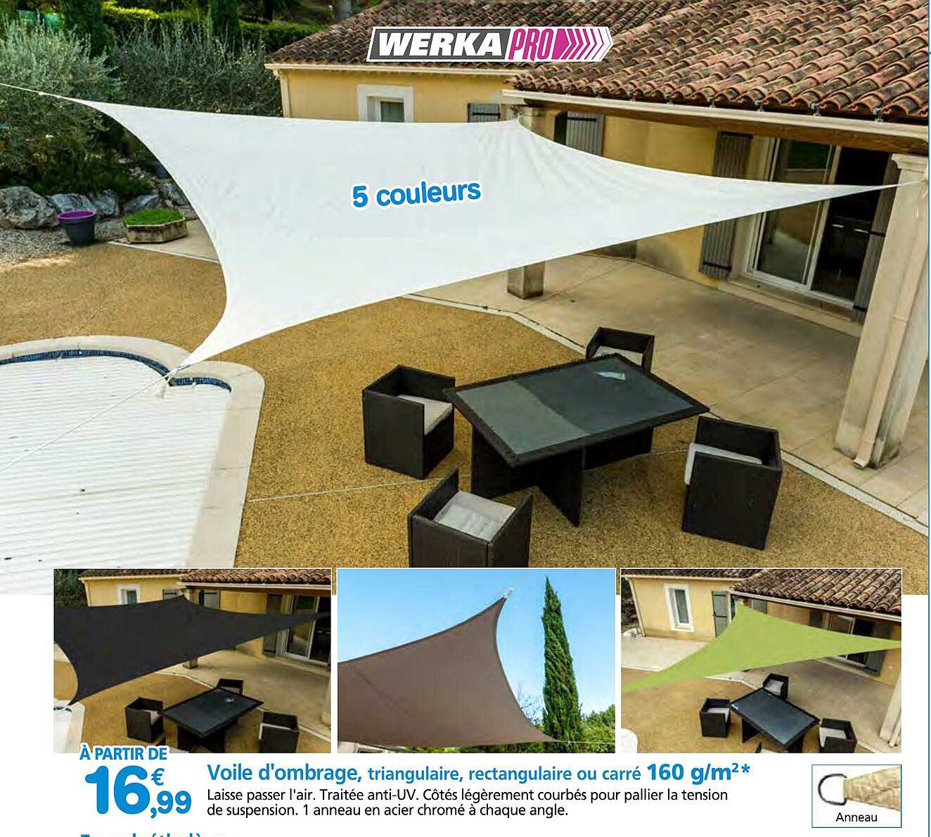 voile d'ombrage, triangulaire, rectangulaire ou carré 160 g/m²