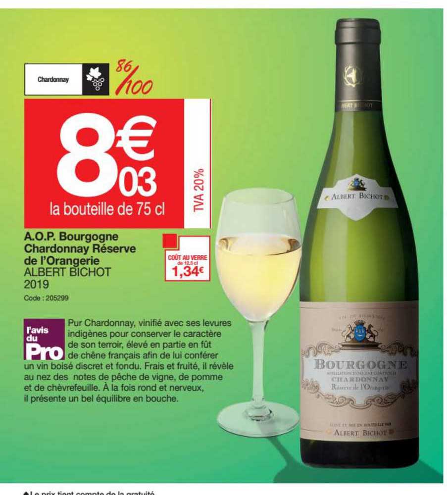 a.o.p. bourgogne chardonnay réserve de l'orangerie albert bichot 2019