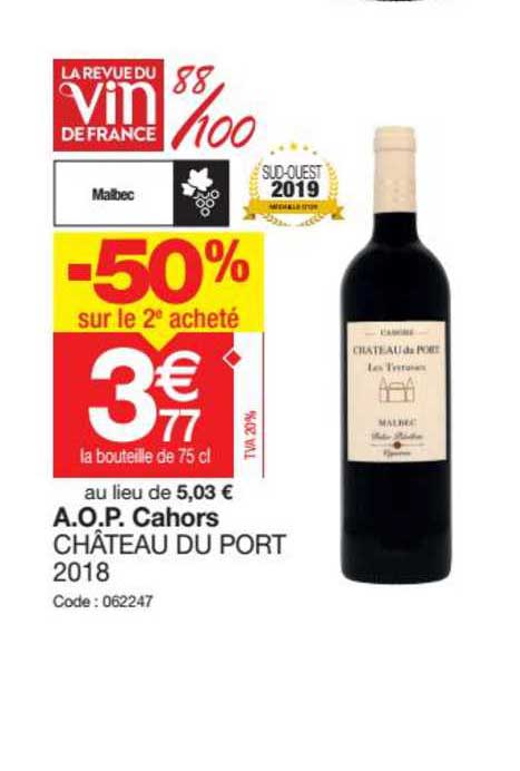 a.o.p. cahors château du port 2018 -50% sur le 2e acheté