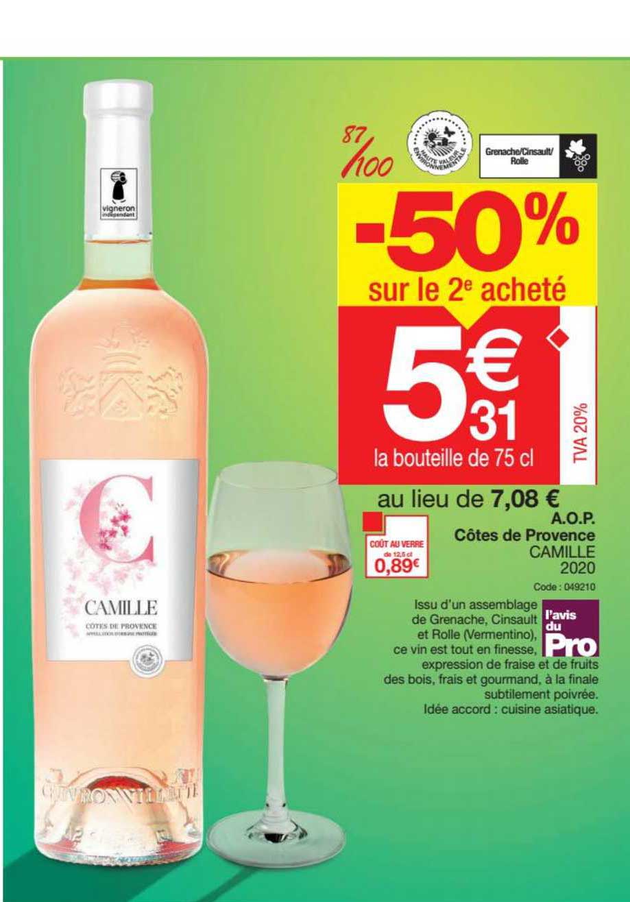 a.o.p. côtes de provence camille 2020 -50% sur le 2e acheté