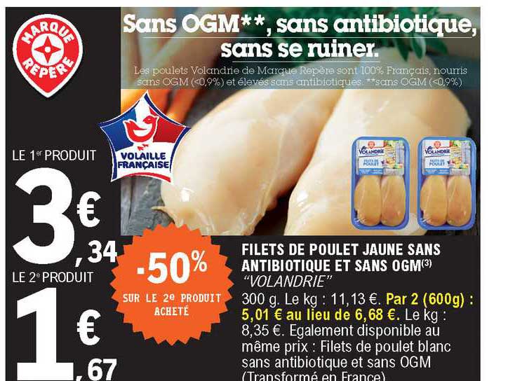 filets de poulet jaune sans antibiotique et sans ogm "volandrie"