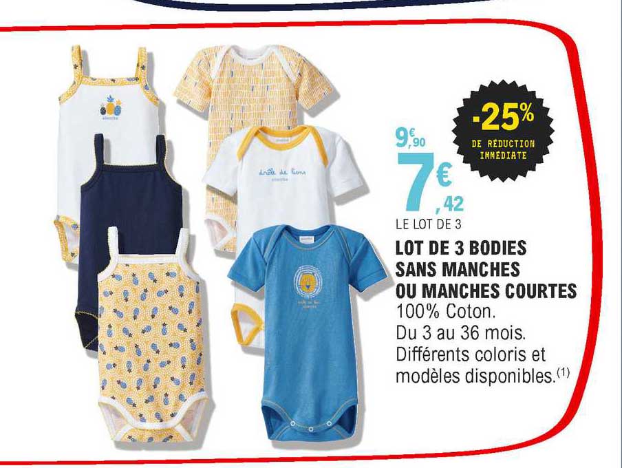 lot de 3 bodies sans manches ou manches courtes