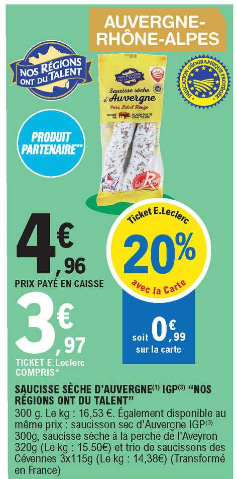 saucisse sèche d'auvergne igp "nos régions ont du talent"