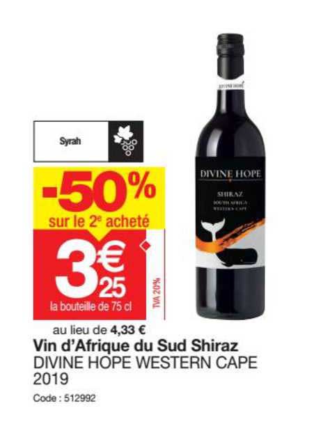vin d'afrique du sud shiraz divine hope western cape 2019 -50% sur le 2e acheté