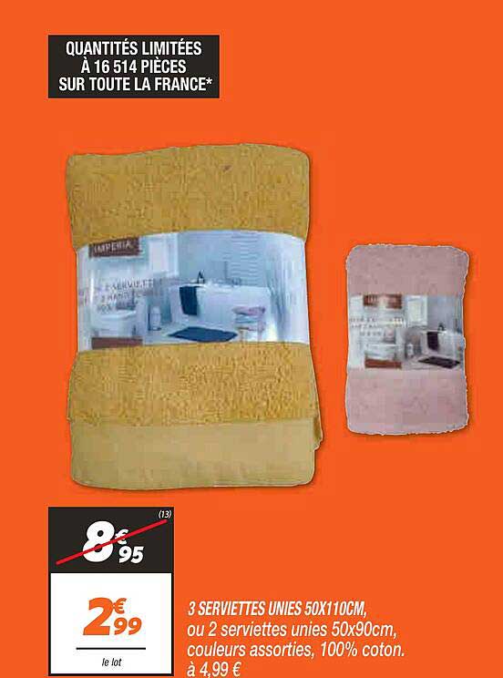 3 Serviettes Unies 50 X 110 Cm Ou 2 Serviettes Unies 50 X 90 Cm