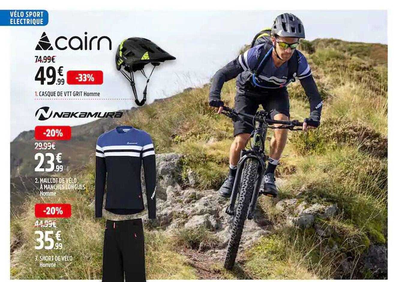casque de vtt grit homme cairn, maillot de vélo à manches longues homme nakamura, short de vélo homme nakamura