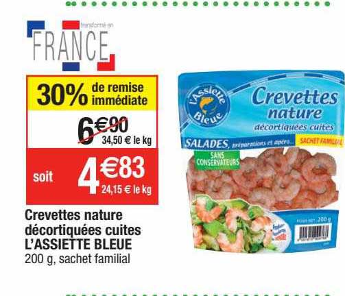 Crevettes Nature Décortiquées Cuites L'assiette Bleue