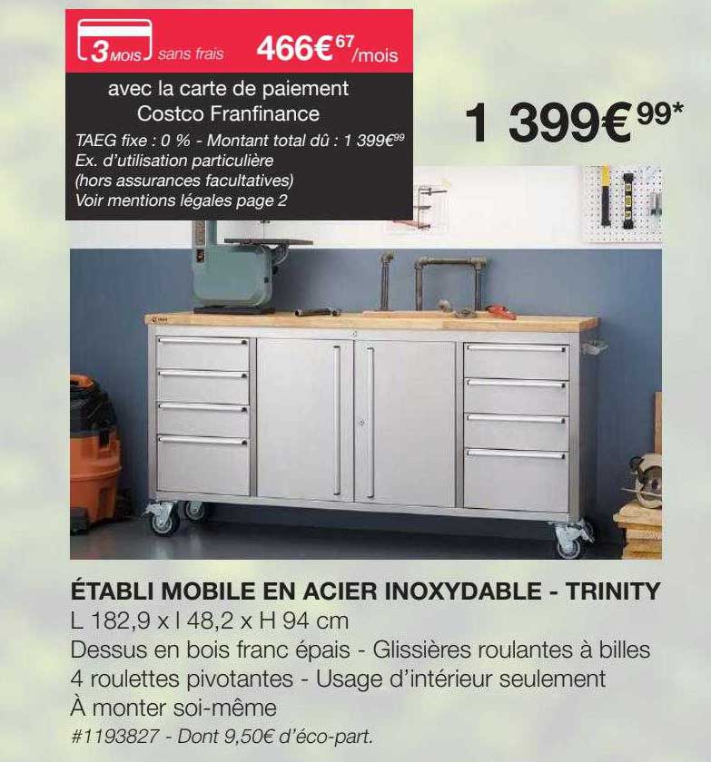 établi mobile en acier inoxydable - trinity