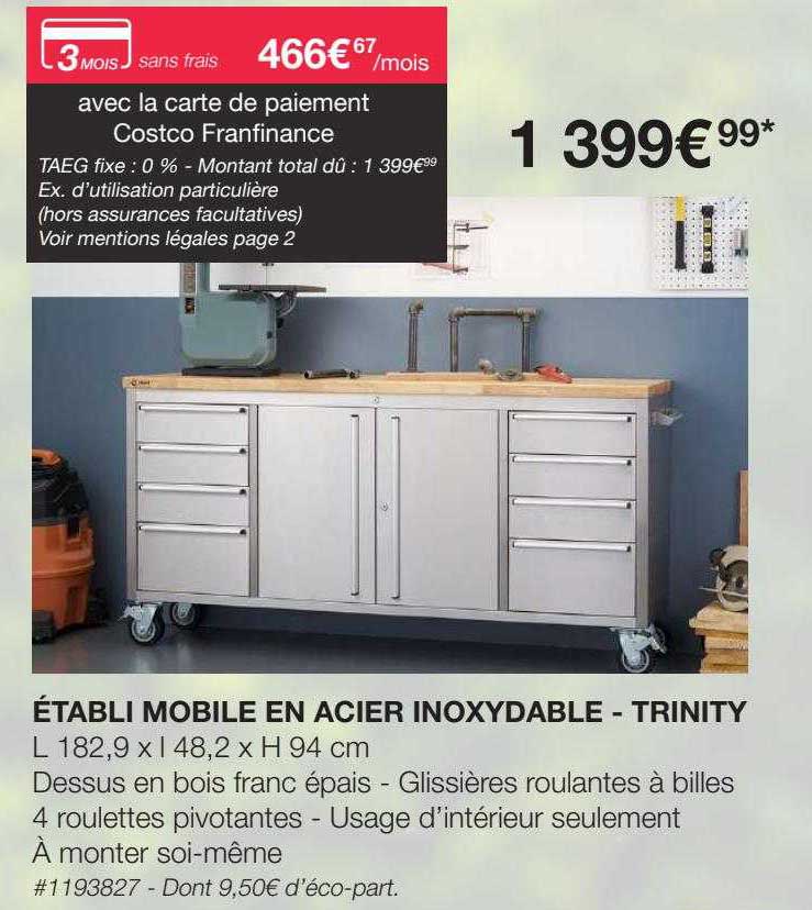 établi mobile en acier inoxydable - trinity