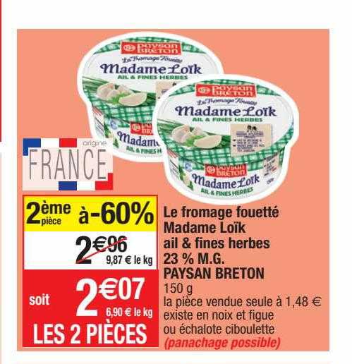 le fromage fouetté madame loïk ail et fines herbes 23% m.g. paysan breton