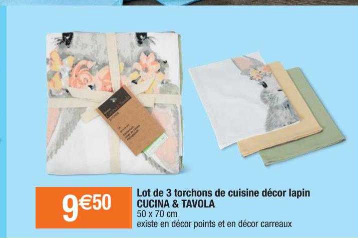 lot de 3 torchons de cuisine décor lapin cucina & tavola